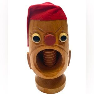Vintage Japan Wooden Nutcracker Santa Hat 5” Manual Screw 1940’s